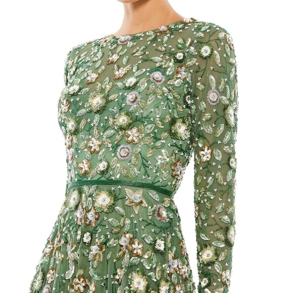 SOLD-Mac Duggal Floral Appliqué long sleeve illusion evening gown - Picture 4 of 11